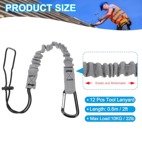 Image of MECCANIXITY Retractable Tool Lanyard 2ft with Single Aluminum Buckle and Adjustable Loop End, Maximum Weight Limit 10KG / 22lb, Safety Fall Protection Tools Leash, Gray 12 Pack