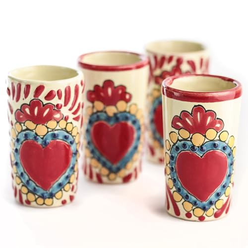 Image of Talavera Shot Glasses Set of 4 Authentic Mexican Tequila Shot Glasses - Hand-painted - 2 Oz (Sacred Heart)