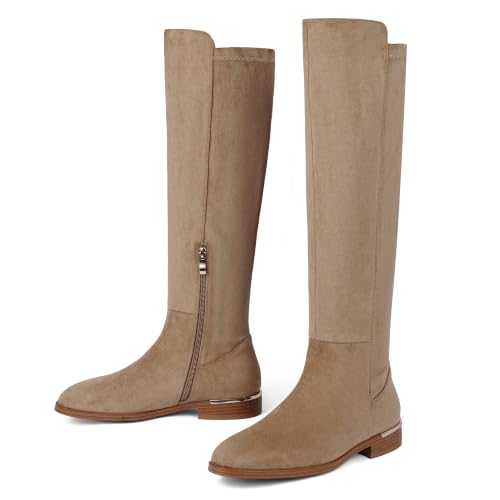 Image of Modatope Rounded Toe Flat Stretchy Dress Knee High Boots Side Zipper | Suede Elastic Fall Winter Boots, Low Chunky Block Heel Riding Boots,2026 Fashion Womens Tall Long Boots