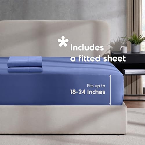 Image of Hearth & Harbor Royal Blue Duvet Cover with Fitted Sheet Full Size | 4 Piece Soft Double Brushed Bedding Set, Button Closure, 1 Duvet Cover 80x90 Inches, 1 Fitted Sheet, 2 Pillow Shams
