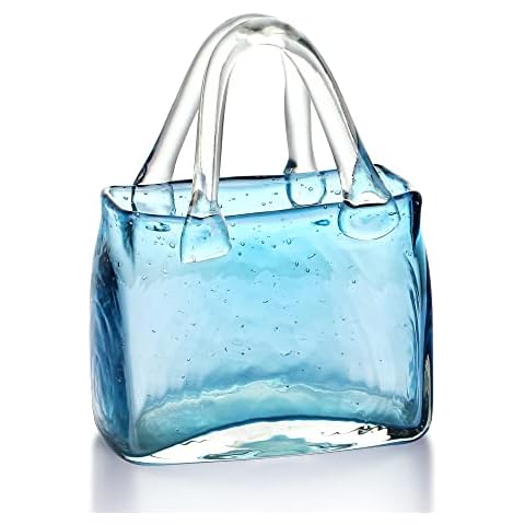 Hand Blown Bubble Glass Handbag Vase for Home Decor 8.3inch Modern Art Flower Vases for Centerpieces Living Room Kitchen Office Wedding,Blue Cover