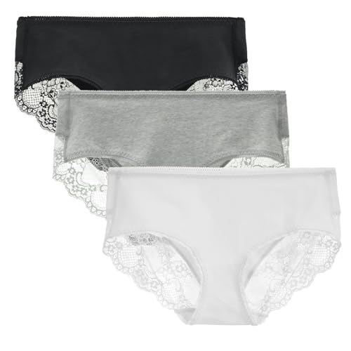 Women's 4 Pack Mid Rise Cotton Hipster Ladies Lace Panties Full Coverage Underwear Medium Black/Grey/White