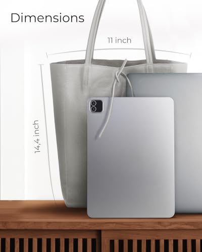 Image of Genuine Italian Leather Tote Bag for Women, Large Slouchy Purse, Grey | Unstructured bag, raw unlined interior with zip pocket, top zipper, side ties, folds flat, fits a 16-inch laptop, lightweight