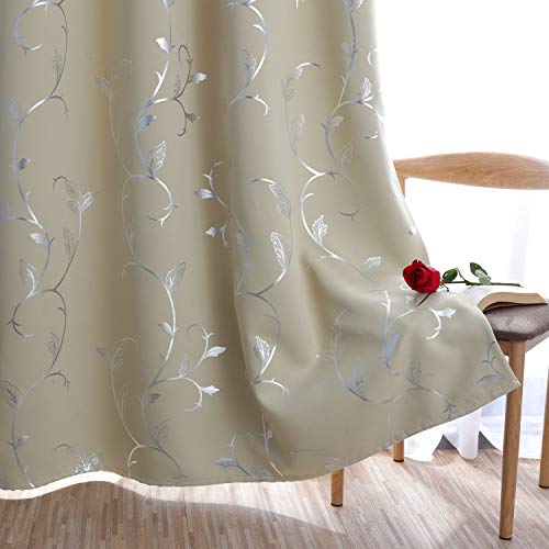 BU HUA Wave Floral Vine Print Blackout Curtains for Living Room Darkening Curtains