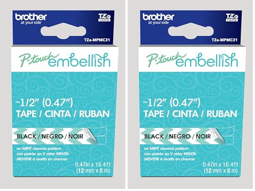 Image of Brother P-Touch Embellish Black Print on Mint Chevron Pattern Tape TZEMPMC31 - ~ inch Wide x 13.1' Long for use with P-Touch Embellish Ribbon & Tape Printer (Pack of 2)