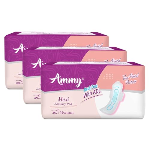 Image of Ammy Super Absorbent Maxi Thick Sanitary Pads - 45 Pcs XXL for Heavy Flow | Cottony Soft, Rash-Free, Leak-Lock with 6-Layer Shield & Active Flow Layer | Pack of 3
