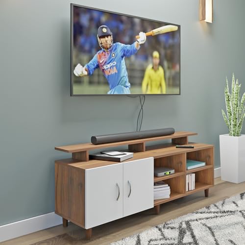 Image of VIKI Modern TV Unit for Living Room | Engineered Wood TV Cabinet with 2 Door Storage, 2 Open Shelves & Extension,Entertainment Unit, 140W x 48H x 40D cm | DIY | 1 Year Warranty (Walnut & White)