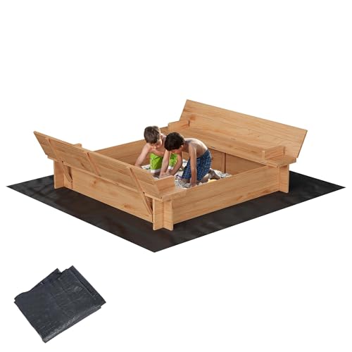 ElfinAura 47-Inch Wooden Sandbox with 2 Bench Liners for 2 Kids to Play Suitable for Ages 3-8, Spacious Large Outdoor Sandbox for Beach, Patio and Backyard
