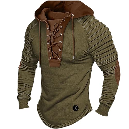 Mens Tactical Hoodies Hooded Long Sleeve Lace Up Vintage Sweatshirts Cargo Outdoor Pullover Patchwork Western Hoodie