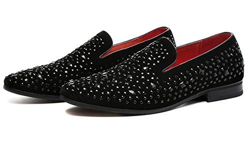 Santimon Loafer Smoking Slipper Moccasins Men Slip on Handmade Rhinestone Studded Pointed Toe Shoes Black3