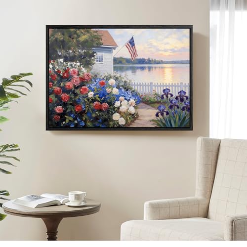 Image of American Flag Framed Canvas Wall Art, 4th of July Floral Canvas Prints, Summer Cottage Landscape Patriotic Decorations, Vintage Independence Day Wall Decor for Bedroom Living Room 16x20