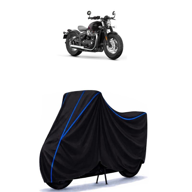Image of Triumph Bonneville Bobber Stealth Edition Bike Cover Water Resistant Universal Motorcycle Rain | Heavy Duty UV Protection, Dust, Scratch Indoor Outdoor All Weather with Black Blue Piping Elastic