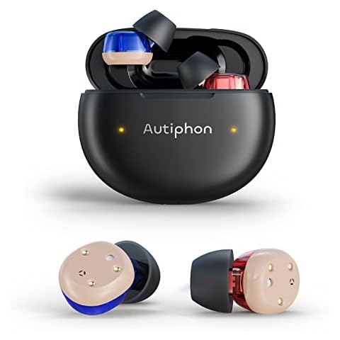 Autiphon Advanced Rechargeable Digital Hearing Aids for Seniors Adults with Noise Cancelling, Mini CIC Hearing Devices with Charging Case for 125 hrs Back-up Power, Pair (Blue & Red) Cover