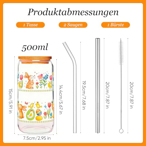 Ostertassen Glas, 500ml Tasse Ostern mit Deckel und Strohhalmen, Frühlings Design, Matcha Glas Set für Eiskaffee, Smoothies, Teeliebhaber, inkl Reinigungsbürste