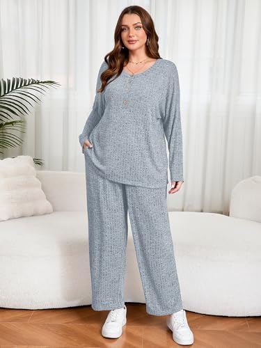 AusLook Plus Size 2 Piece Sets for Women Loose Wide Leg Pant Long Sleeve Top Matching Sets Light Blue 4X Tracksuit Loungewear 2028 Vacation Travel Airport Outfits Going Out Comfy Track Suits — view 5