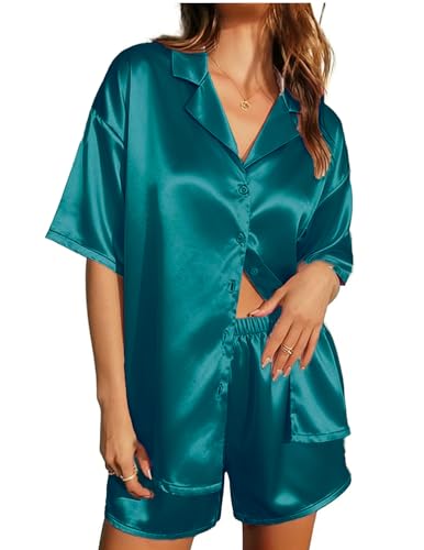 Ekouaer Womens Silk Satin Pajamas Set Short Sleeve Sleepwear Button Down Top and Shorts Loungewear 2 Piece Pjs Set Blue Green, Small