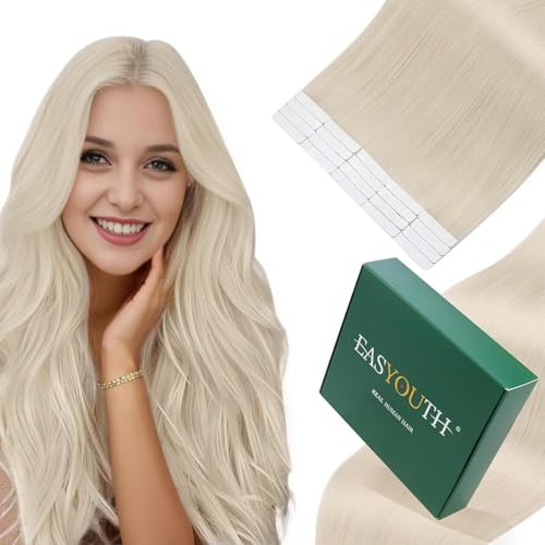 Easyouth Echthaar Extensions Tape Blond Skin Weft Extensions Echthaar Tape Platinblond Invisible Tape in Extensions Echthaar Remy Menschenhaar Natürlich 50 cm #1000 50g 20pcs