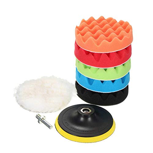 Akozon 8-teilige 3-Zoll-Auto-Schwamm-Rad-Rad-Set, Flat Wave Schwammscheibe, Polierpads für Bohrer, Polierrad-Wachs-Kit, Wollkugel, Bohrerpolieren und Autopufferbefestigung (Colorful)