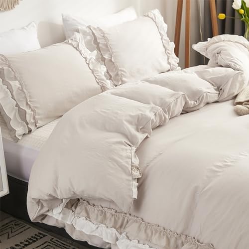 Wotcsil Beige Ruffle Bedding Set for Women Girls Ruffled Double Duvet