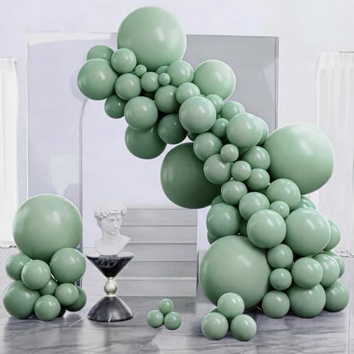 Image of PartyWoo Sage Green Balloons 140pcs Different Sizes Pack of 18 12 10 5 Inch Olive Eucalyptus Dusty Green Boho Neutral Balloon Arch Kit for Baby Shower Woodland Birthday Party Decorations Green-F03