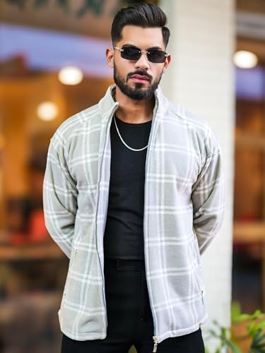 Image of Maniac Mens Checkered Full Zipper Fullsleeve Polyester Blend Fleece Shacket for Men