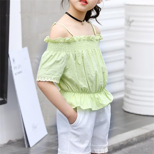 Girls Cute Summer Clothes Spaghetti Strap Smocked Off Shoulder Lace Short Sleeve Tops Solid Fashion Casual Clothes2