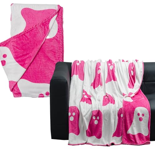 Image of Cool Soft Halloween Pink Ghost Reversible Blanket Ultra-Soft Micro Fleece Blanket Air Conditioning Quilt for Women Winter Comfortable Warm Flannel Fleece Throw Blankets for Sofa Couch 50"X40"
