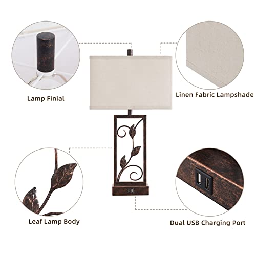 Farmhouse Touch Control Table Lamps Set Of 2 With Usb Ports, 3-Way Dimmable Retro Rustic Bedside Leaf Lamp, Vintage Nightstand Desk Lamp For Bedroom Living Room Entryway, 2 Bulbs Included (Bronze) #TOP7