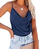 Ekouaer Satin Cowl Neck Tank Top Women Camisole Silky Loose Sleeveless Basic Blouse Ladies Satin Tank Shirt Navy Blue