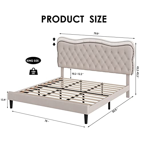 Hostack King Size Bed Frame, Linen Fabric Upholstered Platform Bed Frame With Adjustable Headboard, Diamond Tufted Mattress Foundation With Wood Slats, Easy Assembly, No Box Spring Needed, Beige #TOP1