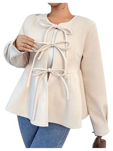 MakeMeChic Women's Tie Front Crew Neck Long Sleeve Coat Ruffle Hem Jacket Outerwear