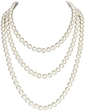 Yuccer Long Pearl Necklace, 1920s Fashion Faux Flapper Pearls Necklace String of Pearls Beads Necklace Costume Jewelry, 59/150cm