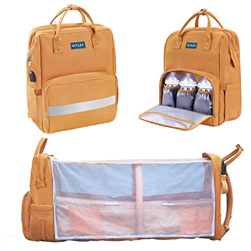 Vitley Mochilas de Pañales para Bebé, mochila para cambiar pañales 3 en 1 de gran capacidad, elegante bolsa de pañales de viaje resistente a salpicaduras con gancho para cochecito y cama plegable