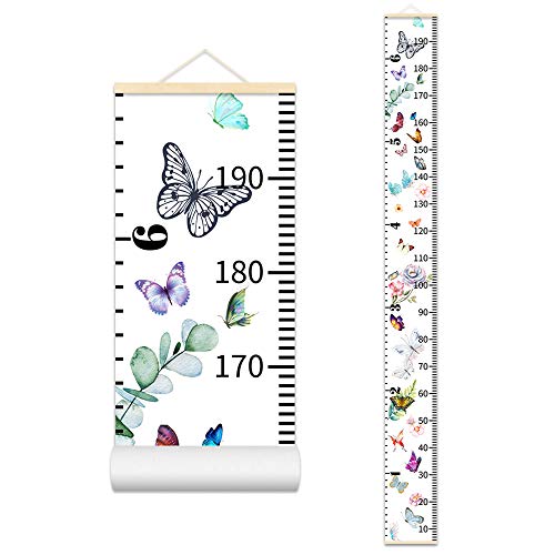 Image of ASENART Kids Growth Chart Wood Frame Fabric Canvas Butterfly Height Measurement Ruler from Baby to Adult for Child's Room Decoration 7.9 x 79in