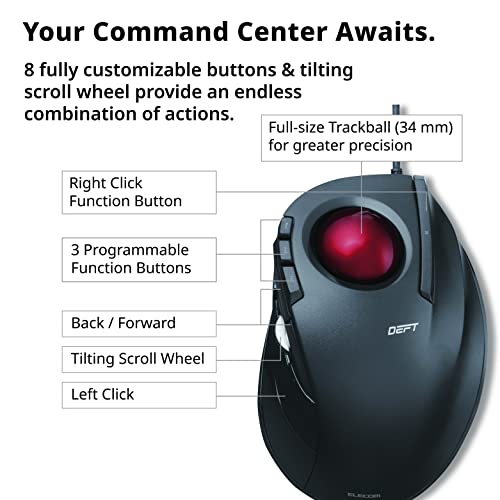 Elecom Deft Trackball Mouse, Wired, Finger Control, 8-Button Function With Smooth Tracking, Ergonomic Design, Optical Gaming Sensor, Smooth Red Ball, Windows11, Macos (M-Dt2Urbk-G) #TOP6