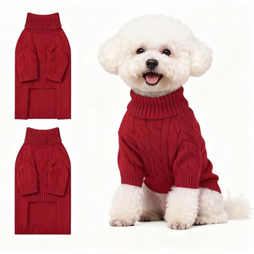 Image of Small Dog Thermal Pullover Sweater, Classic Turtleneck Cable Knitwear Dog Clothes for Cold Weather Warm Pet Clothes for Chihuahua, Bulldog, Dachshund, Pug Red Medium