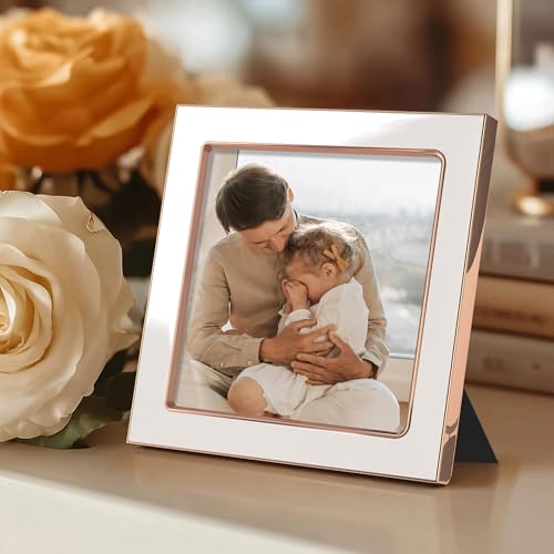 Image of eletecpro 4x4 Enamel Picture Frame with Real Glass Cover, Square Photo Frame with Rose Gold Metal Edge Display Pictures 4 by 4 for Tabletop and Wall Decor, White, 1 Pack