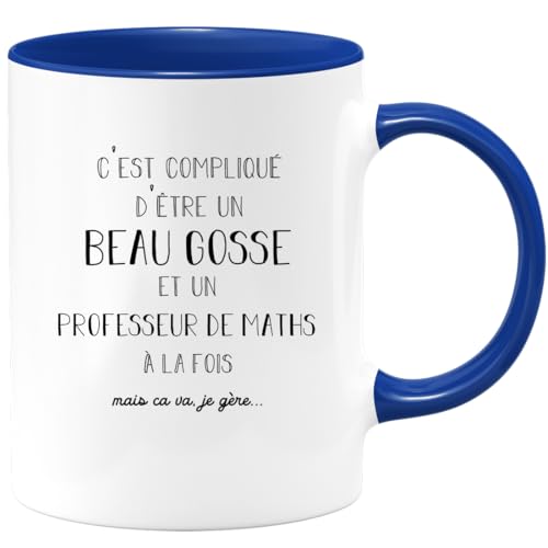 quotedazur Café-Croissant - Mug Personnalisé Tasse Cadeau Noël Compliqué D'Être Un Beau Gosse Et Un Professeur De Maths À La Fois Mais Ça Va Je Gère - Bleu/Céramique