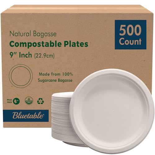 Compostable Paper Plates 9 Inch Bulk Plates [500 Case Pack] - Biodegradable Made from 100% Sugarcane - Heavy Duty Disposable - Eco Friendly - Bagasse Dinner Plates Natural Recycled Plate [500 Case] by Bluetable - Used condition - US$56.58