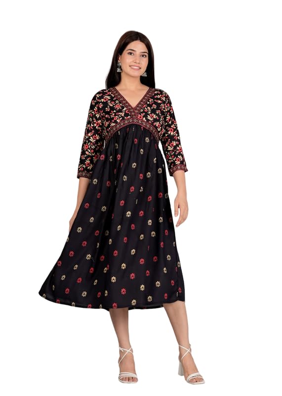Image of Trendy Printed Anarkali Gown Kurti for Women's Ethnic Wear Gown (Balck)