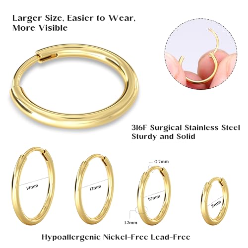 Milacolato 2Pcs Gold kleine Creolen Damen Männer Hypoallergene 316L Chirurgenstahl Knorpel Tragus Helix Daith Sleeper Scharnier Creolen Huggie Ohrringe 16G Nasenring Lippenring Piercing Schmuck