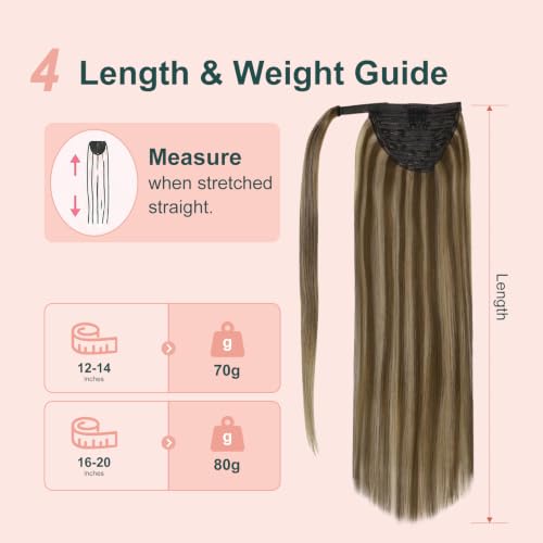 Image of Easyouth Ponytail Extension Human Hair Brown, Short Straight Hair | 12 Inch 70G, Wrap Around Ponytail Extension Human Hair, Medium Brown Highlight Blonde, Add Volume, for Women