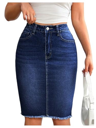 Floerns Women's High Waisted Raw Hem Pencil Denim Skirt Knee Length Jeans Skirts