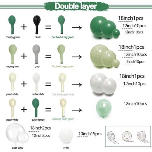 Image of Green White Balloons Double Stuffed Green Bobo Pearl Balloon Arch Kit | Light Olive White Balloon Garland for Jungle Safari Wildone Birthday Baby Shower Wedding Anniversary Decor