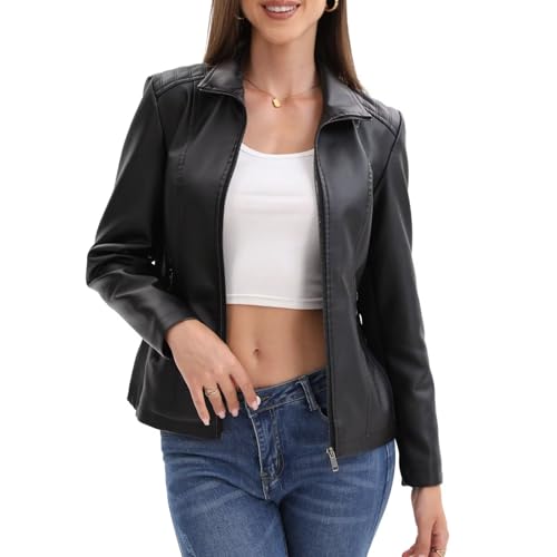 CHIGUO Faux Leather Jacket for Women Motorcycle Fashion Zip Up Coat Trendy Going Out Jackets