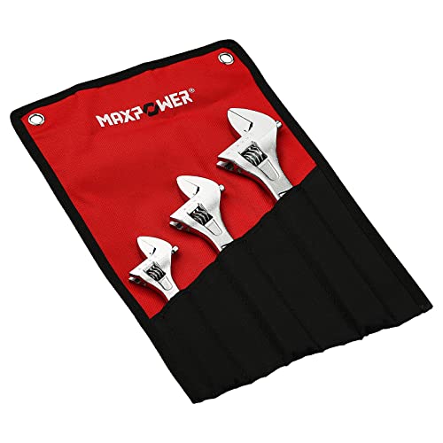 Maxpower 3Pcs Adjustable Wrench Set, 6-Inch 8-Inch 10-Inch Heavy Duty Shifter Movable Spanner With Ergonomic Handle, Wide Jaw, Drop Forged Cr-V Steel, Chrome Finish, Metric/Sae #TOP4