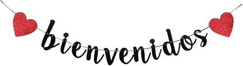 TENNYCHAOR Cartel de Bienvenidos - Decoración de bienvenida mexicana con purpurina negra, decoración de fiesta de bienvenida española para el hogar