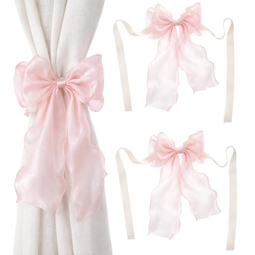 2 Pack Bow Curtains Holdbacks French Silky Curtain Tiebacks Lace Ribbon Curtains Tie...
