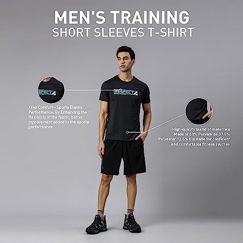 Image of XTEP Black Cooling Comfort & Elastic Training T-Shirt for Men- Polyamide+Polyester+Elastane Sports Elastic Performance Cool Tech Rapid Heat Conduction & Dissipation