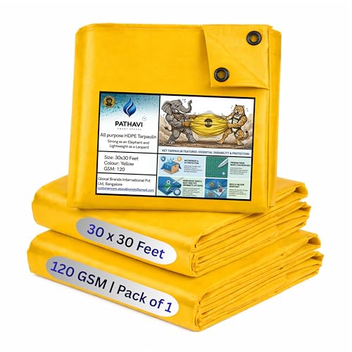 Image of Premium 30x30ft Yellow Tarpaulin, Thadika, 120 GSM Virgin Tharpai Sheet, Heavy Duty Waterproof Tadpatri Cover with Reinforced Eyelets & UV Protection, Ideal for Trucks, Farms, HomeUse, 1 Sheet